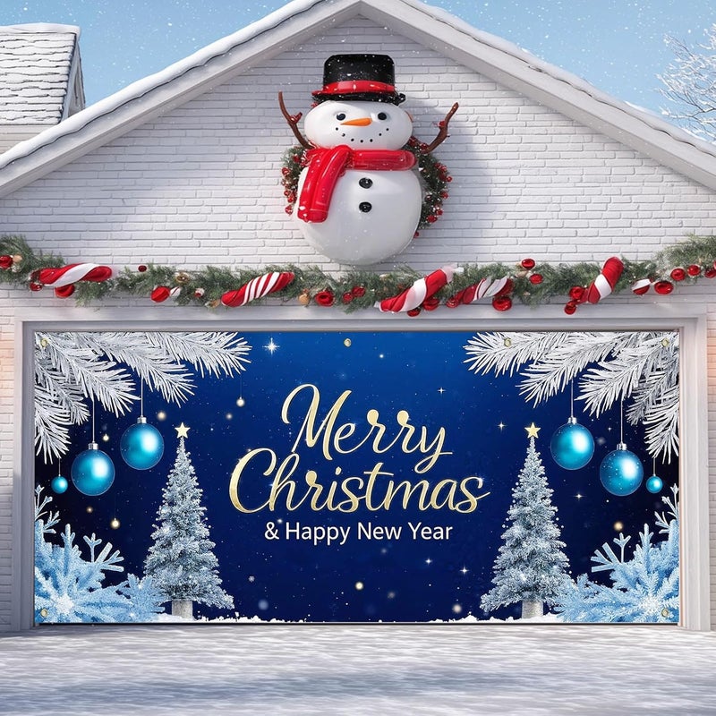 IVN Christmas Garage Door Cover Decoration 13x6ft Snowy Night Trees with Ornaments Blue Holiday Christmas Garage Door Banner Home Door Front Yard Decor for Xmas Eve Holiday Outdoor - Image 4